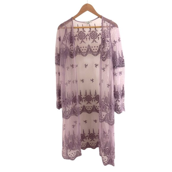Purple Bohemian Sheer Embroidered Kimono Mesh Lace Duster Size L Festival Boho - Picture 5 of 6